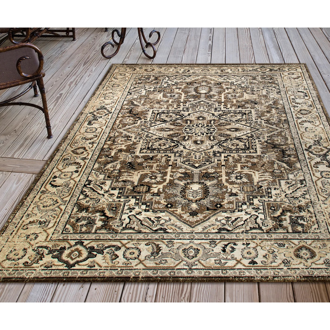 Trans-Ocean Fresco Heriz Neutral Indoor/Outdoor Rug | AuthenTEAK
