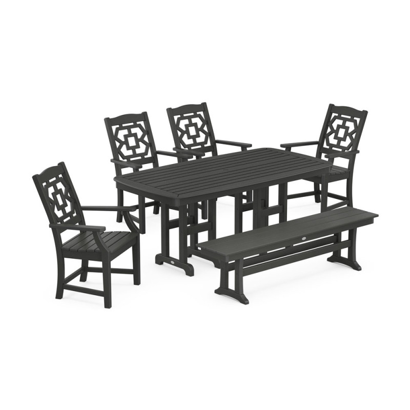 Polywood Chinoiserie 6-Piece Dining Set with Bench | AuthenTEAK
