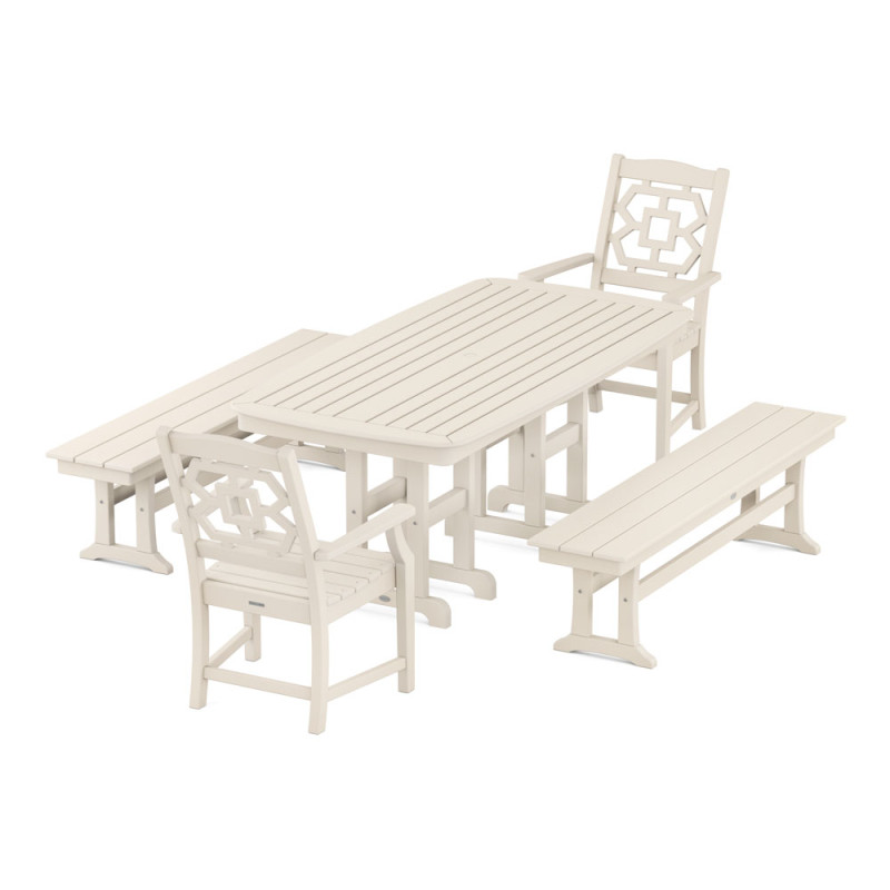 Polywood Chinoiserie 5-Piece Dining Set with Benches | AuthenTEAK