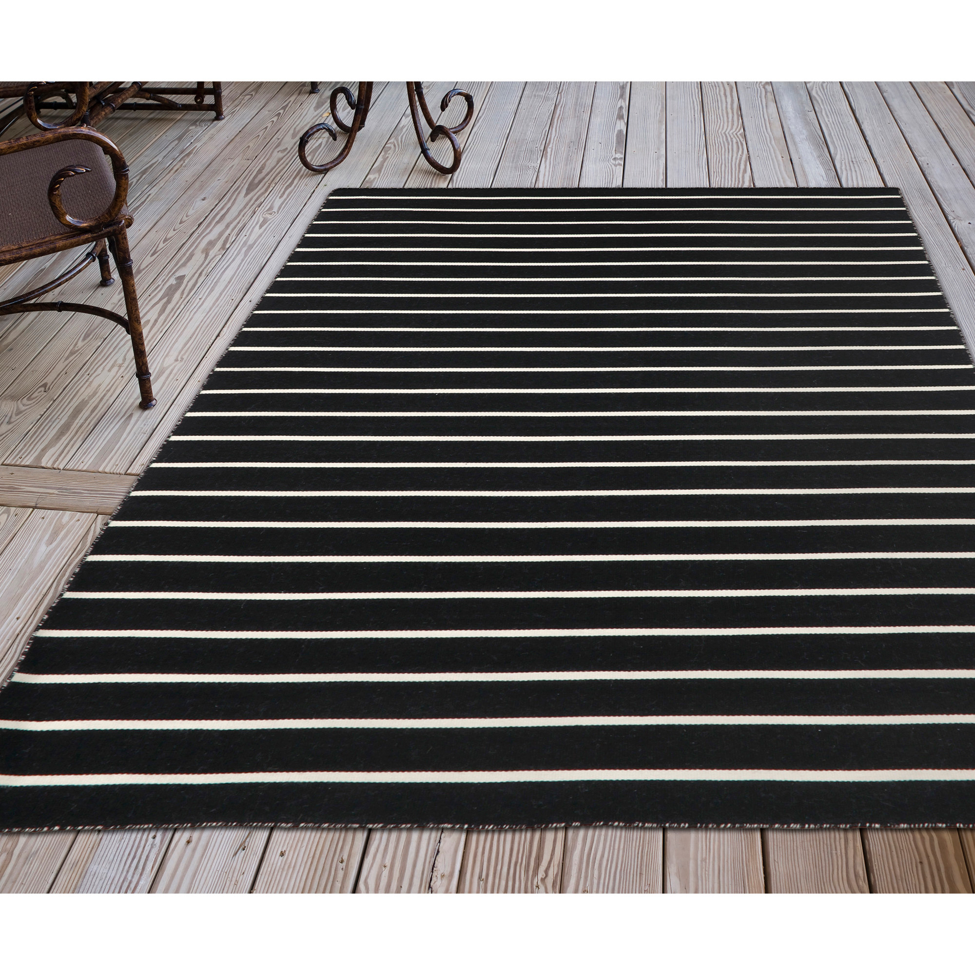 TransOcean Sorrento Pinstripe Black Indoor/Outdoor Rug AuthenTEAK